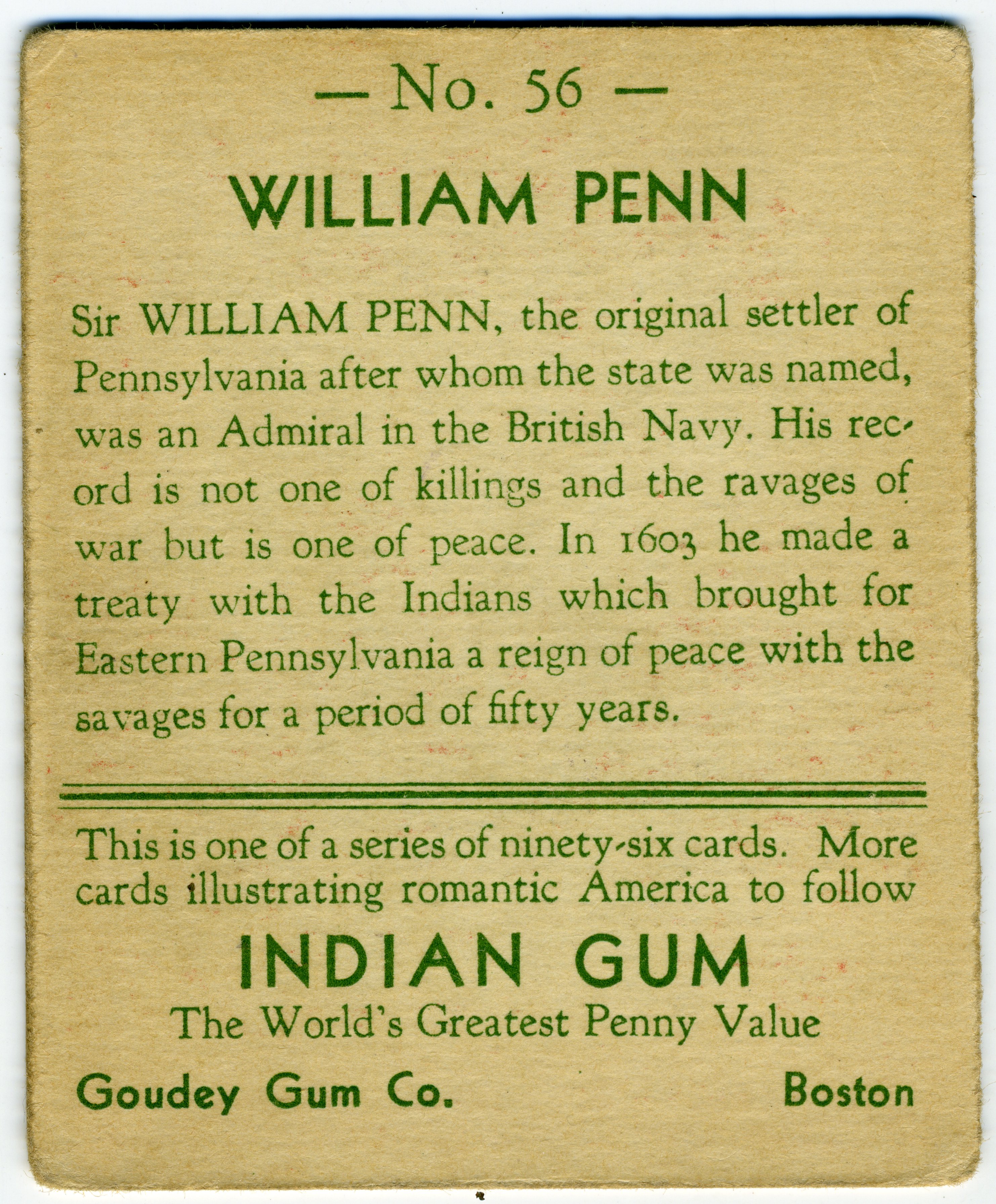 Goudey Indian Gum trading card, back
