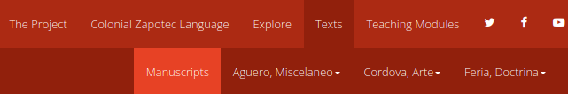 The Texts tab is located in the main navigation bar between Explore and Teaching Modules. Manuscripts is the first option of the dropdown menu.