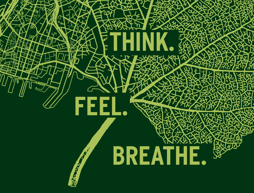 A green map of Auckland combined with a tree leaf that says "Think. Feel. Breathe."