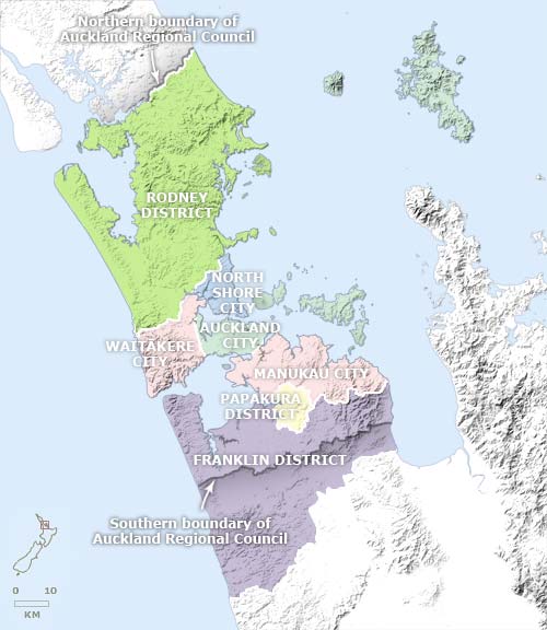 Map of the seven districts of Auckland pre-2010.