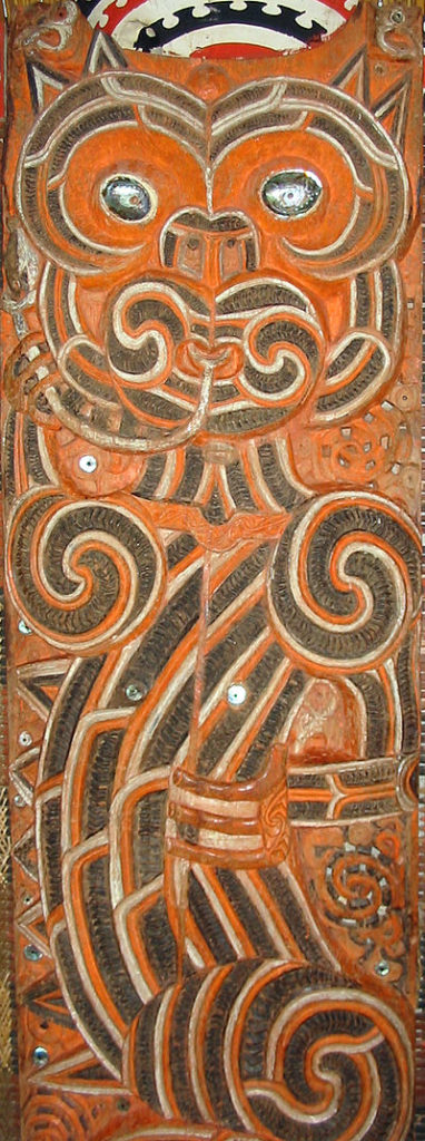 A wooden carving of an image of the Taniwha, engraved by Maori artists from the meeting house Hotunui, 1878