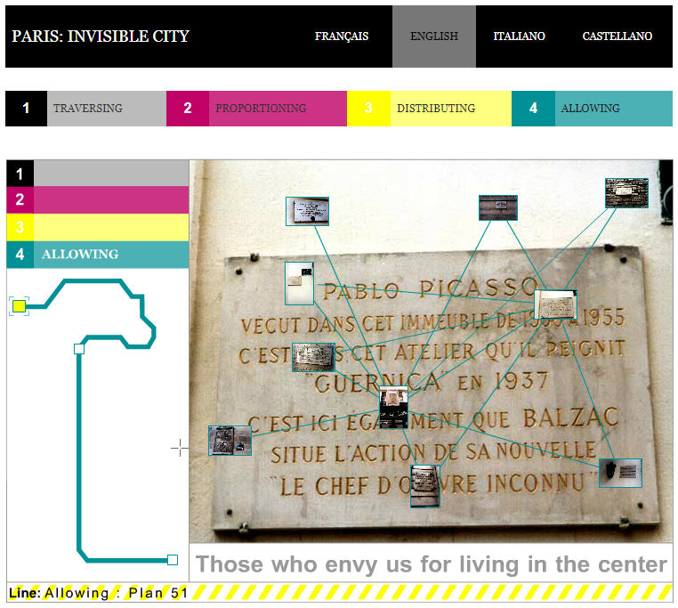 A screen capture of Bruno Latour's website project titled PARIS: INVISIBLE CITY. A network of photographs connected by lines stretches across a full sized version of the currently selected image: a plaque in French referencing Pablo Picasso and Balzac. Below the network of photos is an expandable box of text, which begins. "Those who envy us for living in the center..." To the left is a line called ALLOWING with three nodes. We are viewing the first node, Plan 51. The website contains three more Lines: TRAVERSING, PROPORTIONING, and DISTRIBUTING.