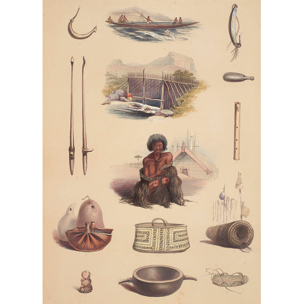 Indigenous Maori representation: tools, utensils, weapons and handicrafts